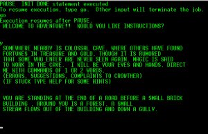 Pelin aloitusteksti, Colossal Cave Adventure, Will Crowtherin alkuperäinen versio (1975). Kuvalähde: Wikipedia.