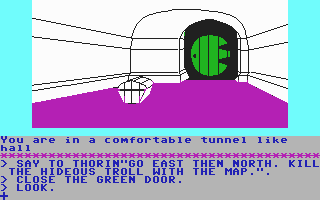 Näkymä The Hobbit -pelistä (1982, Commodore64-versio). Kuvalähde: http://www.lysator.liu.se/tolkien-games/entry/screen-shot/hobbit1.gif.