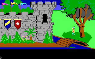 Näkymä King’s Quest -pelistä (1984, Tandy-versio). Kuvalähde: Wikipedia.