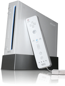 wii_wiimotea Nintendo Wii pelikonsoli ja sen kaukosäätimen kaltainen peliohjain.